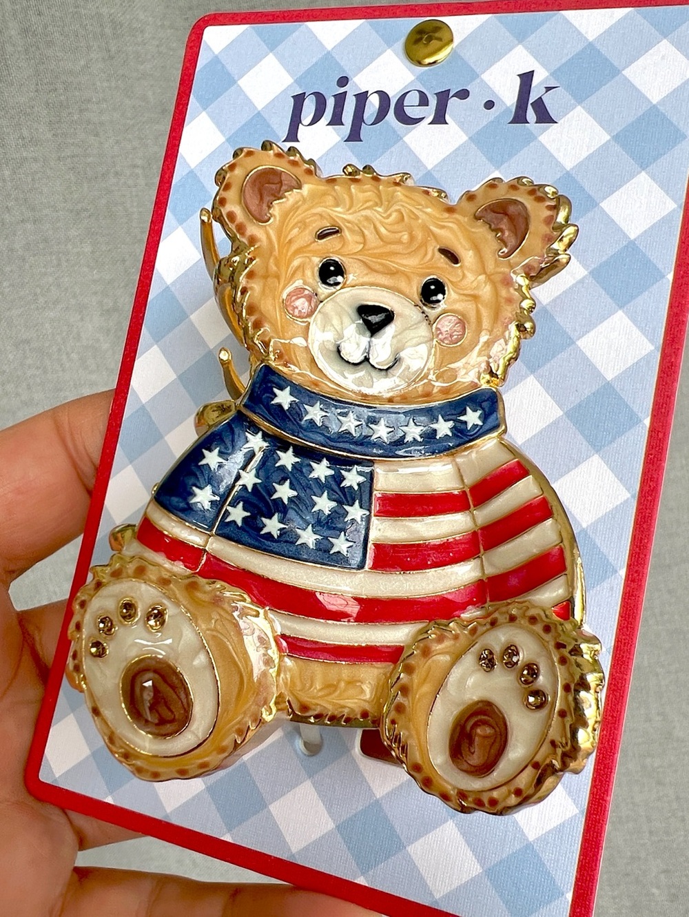 Piper K Teddy Bear American Flag Patriotic Gold Metal claw jaw clip NWT